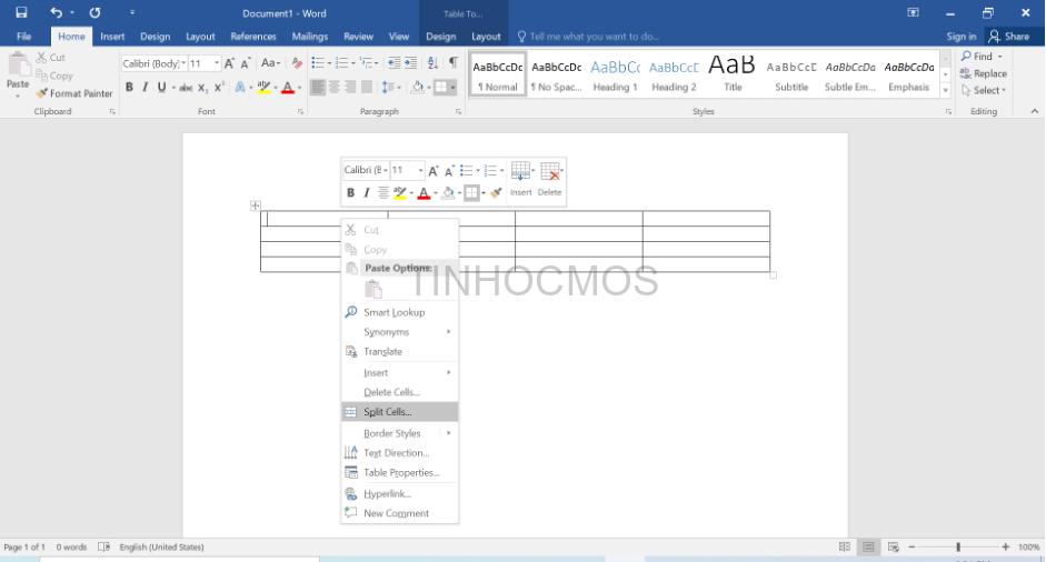 tách ô trong bảng Word